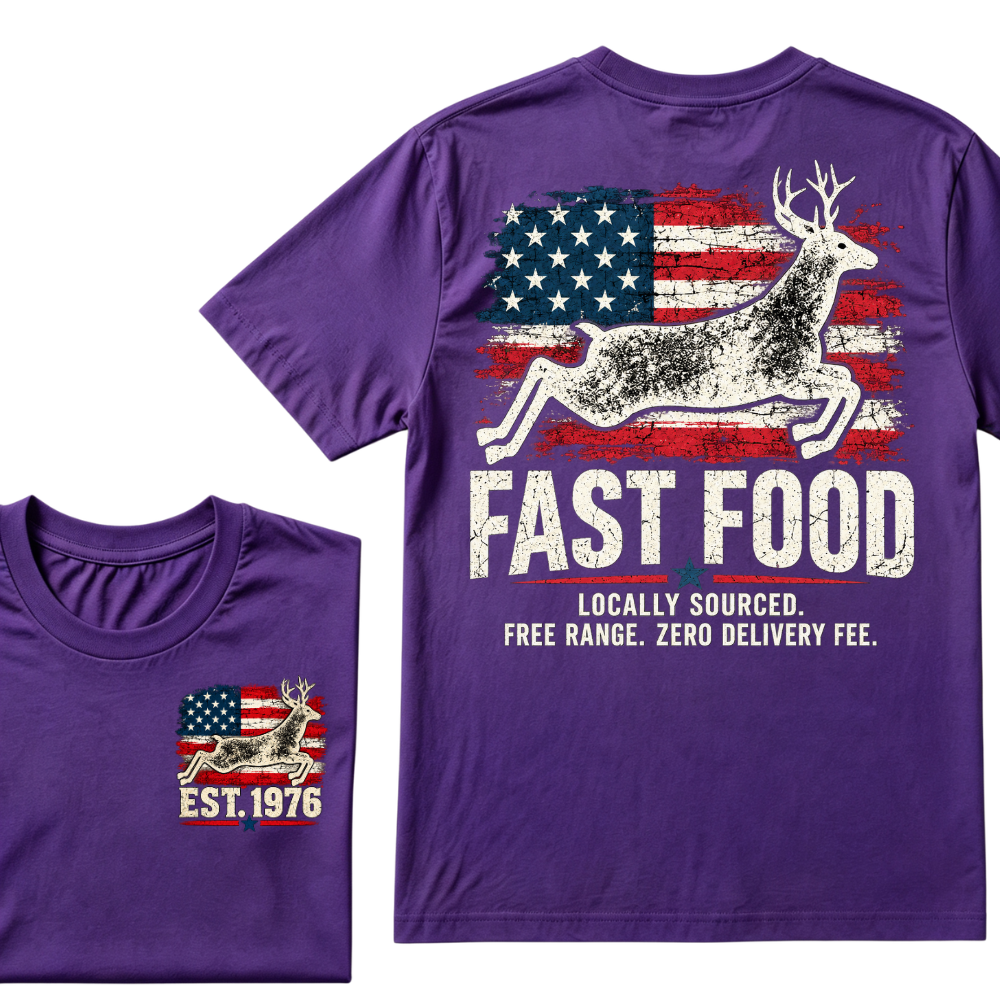 Fast Food Deer Hunting T-Shirt, Locally Sourced Free Range Zero Delivery Fee Vintage American Flag EST.Year Hunter Graphic Tee