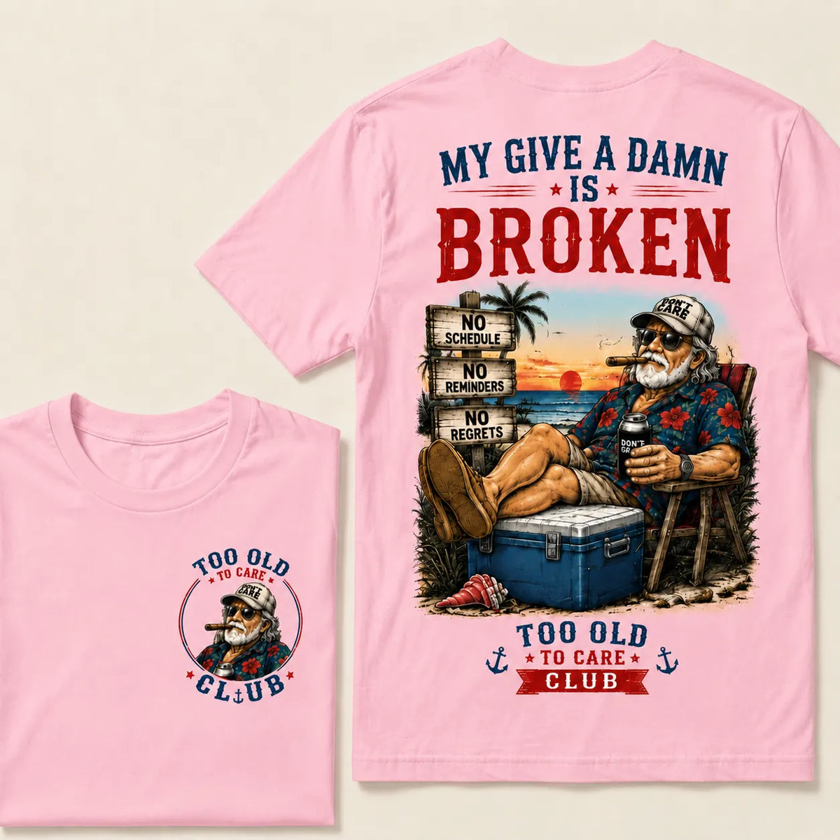 Too Old To Care Club™ Funny Retirement T-Shirt – No Schedule No Reminders No Regrets Beach Life Graphic Tee