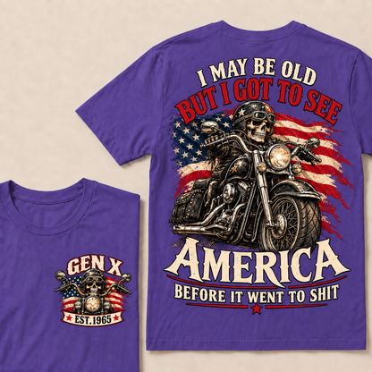 Funny Gen X Biker T-Shirt, Vintage Motorcycle Skull American Flag Tee, Retro 1965 Gen X Gift, Patriotic Biker Shirt