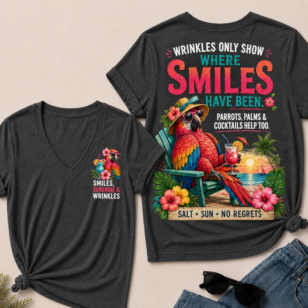 Wrinkles Only Show Where Smiles Have Been Funny Retirement V-Neck Tee For Women – Tropical Parrot Beach Vacation Graphic V-Ne