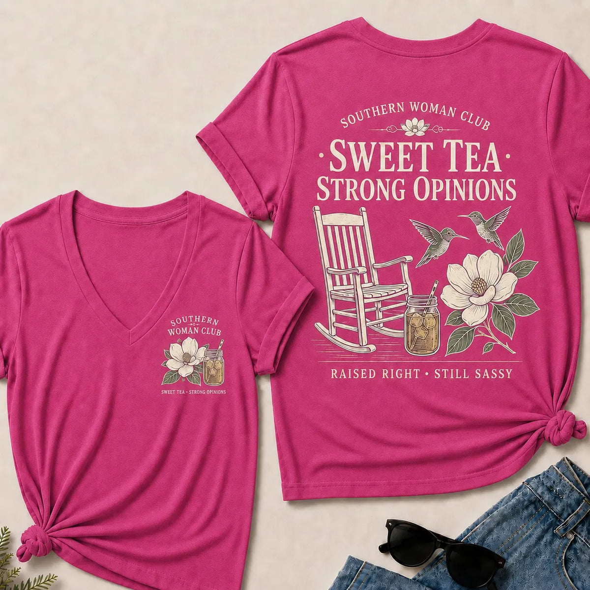 Southern Woman Club Sweet Tea Strong Opinions V-Neck T-shirts– Vintage Magnolia Graphic  V-Neck T-shirts For Southern Women