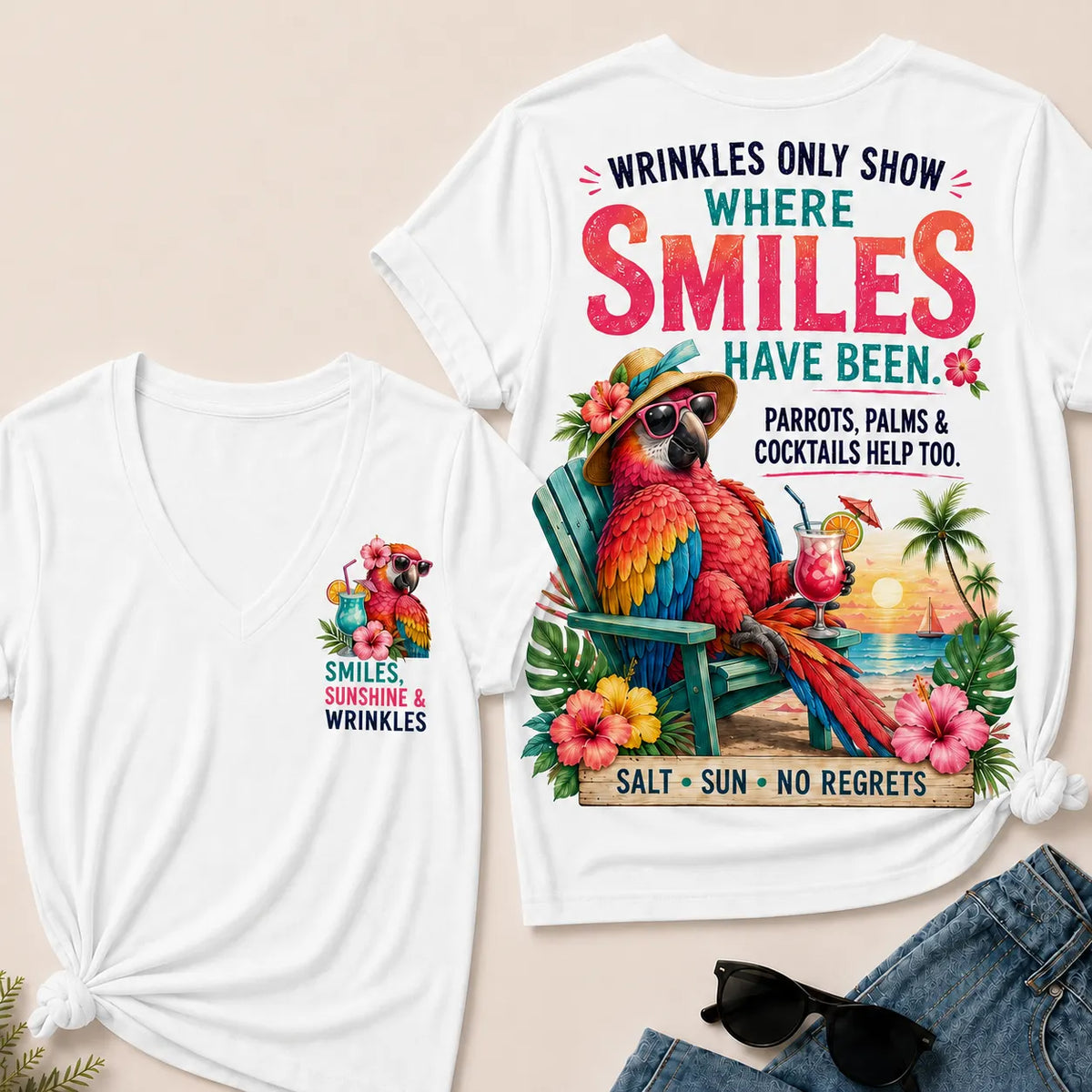 Wrinkles Only Show Where Smiles Have Been Funny Retirement V-Neck Tee For Women – Tropical Parrot Beach Vacation Graphic V-Ne