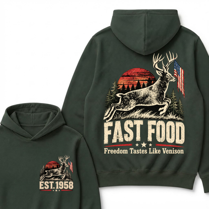 Fast Food Deer Hunting Hoodie, Freedom Tastes Like Venison Vintage Sunset USA Flag EST.Year Hunter Graphic Hooded Sweatshirt