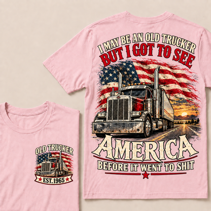 Funny Old Trucker American Flag T-Shirt, Vintage Semi Truck Driver Gift, Patriotic USA Big Rig Tee, Retro 1965 Trucker Shirt
