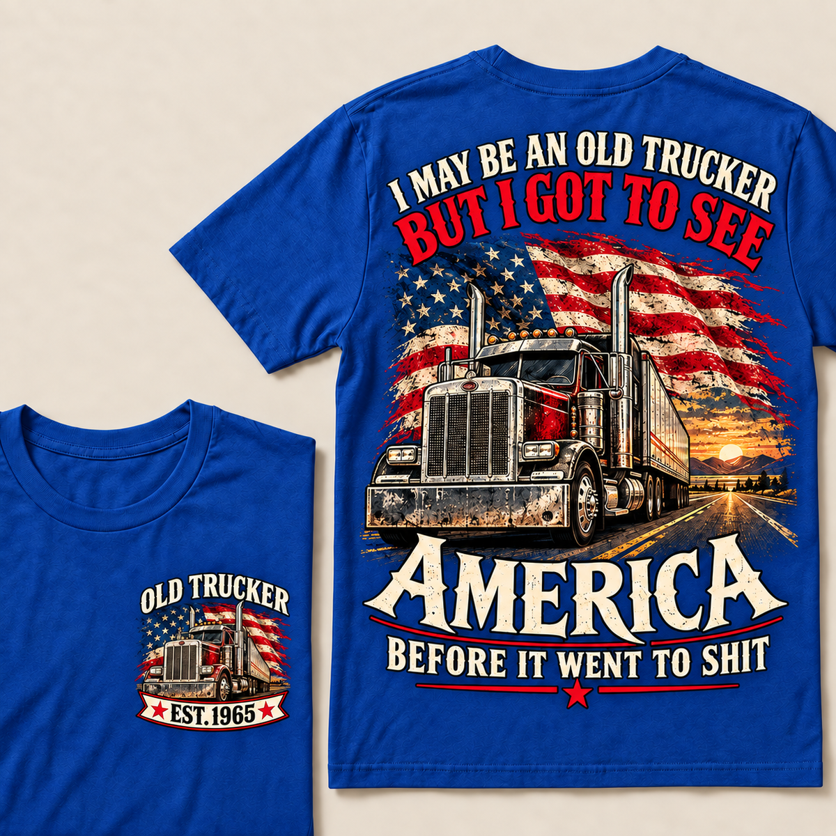 Funny Old Trucker American Flag T-Shirt, Vintage Semi Truck Driver Gift, Patriotic USA Big Rig Tee, Retro 1965 Trucker Shirt