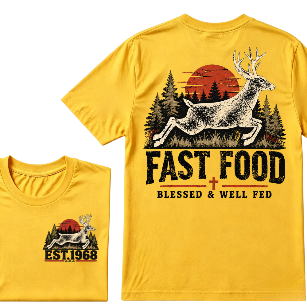 Fast Food Deer Hunting T-Shirt, Blessed & Well Fed Vintage Sunset Forest EST.Year Christian Hunter Graphic Tee
