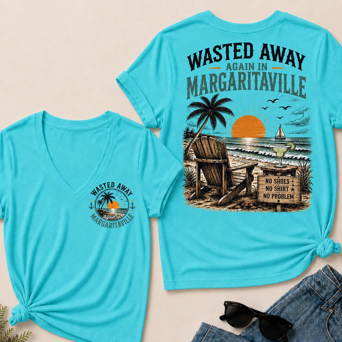 "Wasted Away Again In Margaritaville" Vintage Beach V-Neck T-Shirt | No Shoes, No Shirt, No Problem Tee