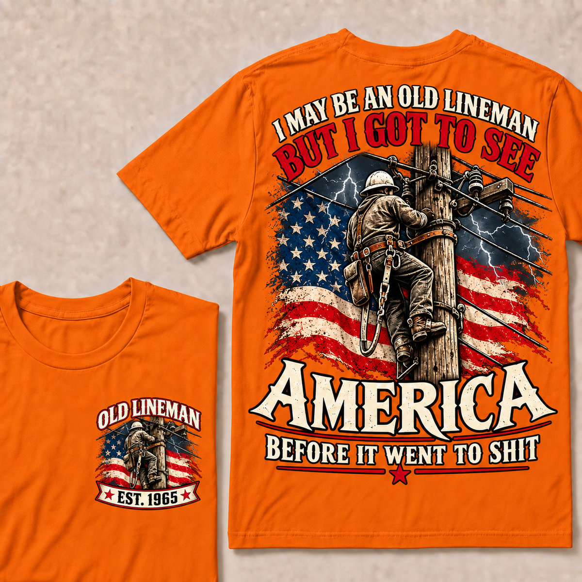 Funny Old Lineman American Flag T-Shirt, Vintage Electrician Lineman Gift, Patriotic USA Powerline Worker Tee, Retro 1965 Lineman Shirt