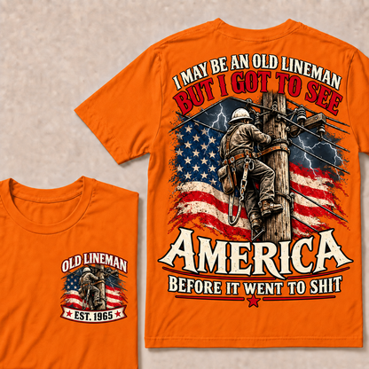 Funny Old Lineman American Flag T-Shirt, Vintage Electrician Lineman Gift, Patriotic USA Powerline Worker Tee, Retro 1965 Lineman Shirt