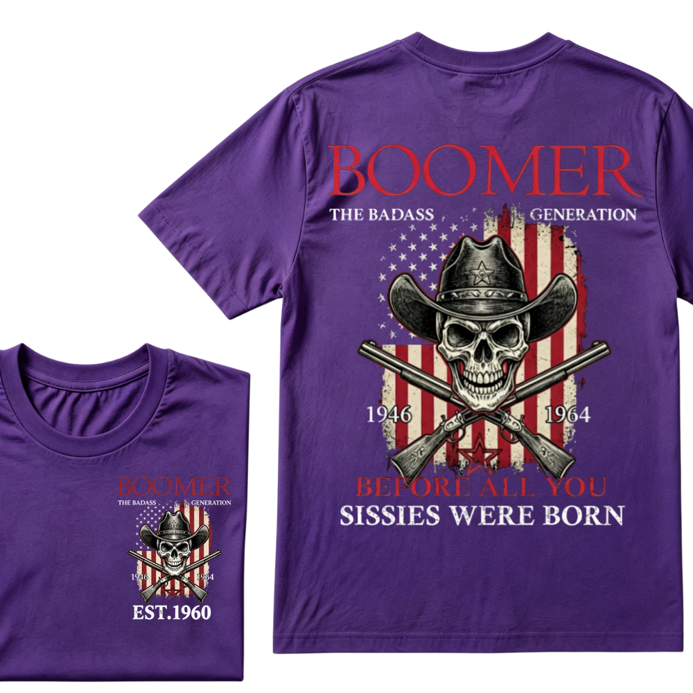 Boomer The Badass Generation 1946-1964 Cowboy Skull USA Flag T-Shirt EST.Year Vintage Patriotic Graphic Tee