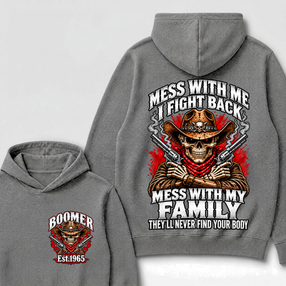 Custom Your Year EST.Year Mess With Me I Fight Back Mess With My Family Cowboy Skull Dual Guns Hoodie