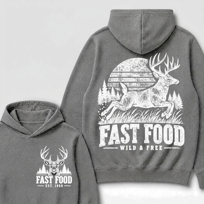 Fast Food Wild & Free Deer Hunting Hoodie EST.Year Vintage Buck Hunter Forest Graphic Hoodie