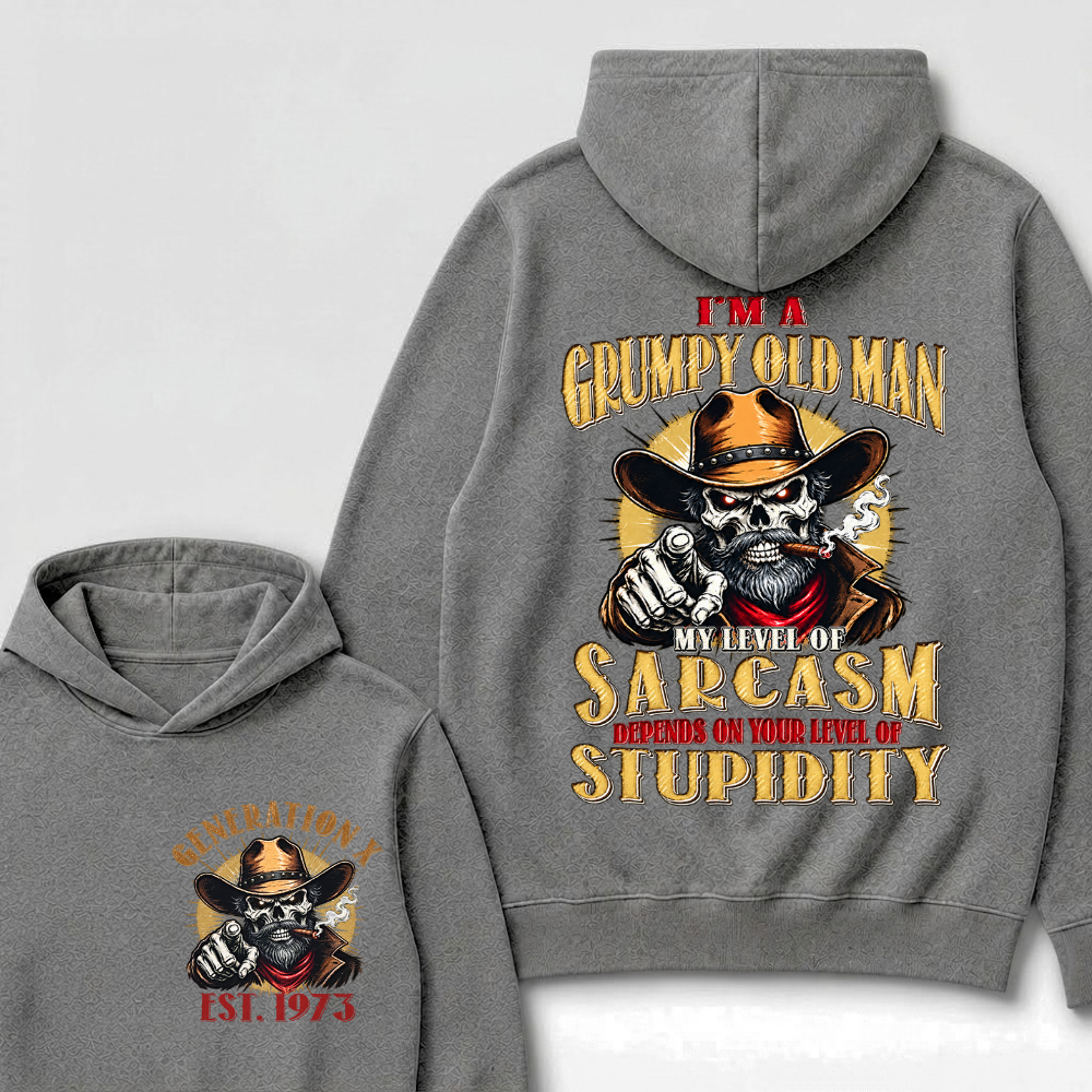 EST.YearI'm A Grumpy Old Man My Level Of Sarcasm Depends On Your Level Of Stupidity Cowboy Skull Graphic Hoodie, Funny Gen X Sarcastic Hooded Sweatshirt