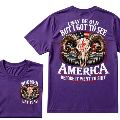 Boomer EST.Year Ram Skull American Flag I May Be Old But I Got To See America Vintage Graphic T-Shirt