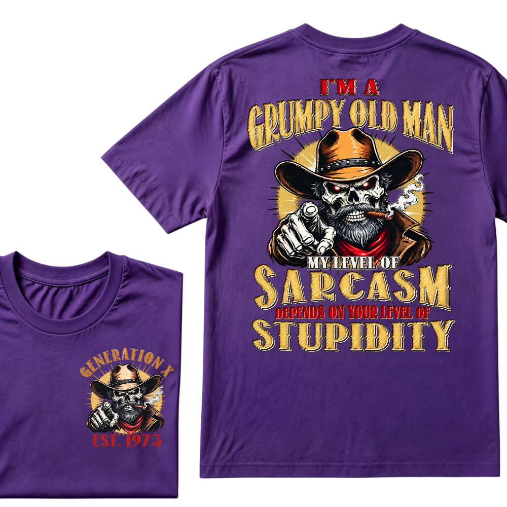 I'm A Grumpy Old Man My Level Of Sarcasm Depends On Your Level Of Stupidity EST.Year Vintage Western Skull Graphic Tee