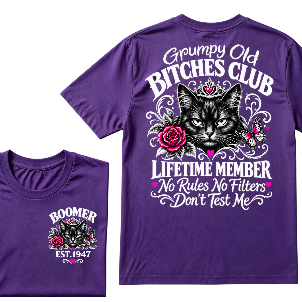 Boomer EST.Year Grumpy Old Club Crown Cat Rose Butterfly Sarcastic Graphic T-Shirt