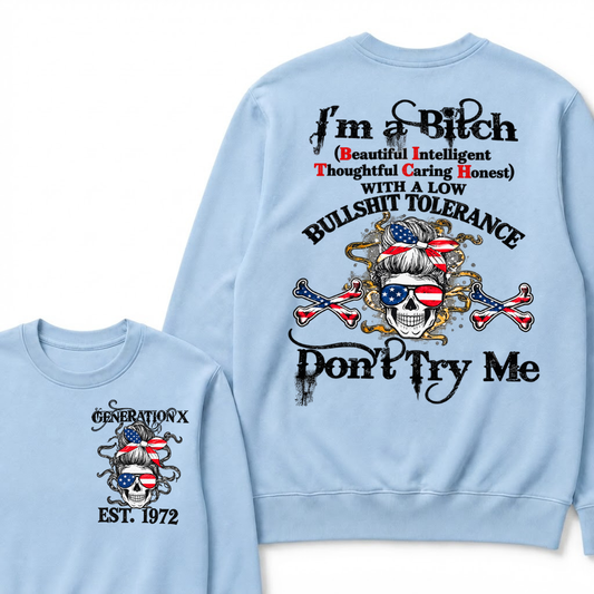 Gen X EST.Year Messy Bun American Flag Skull Low Tolerance Sarcastic Graphic Crewneck Sweatshirt