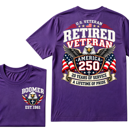 U.S. Veteran Retired Veteran America 250 20 Years Of Service A Lifetime Of Pride EST.Year Graphic T Shirt