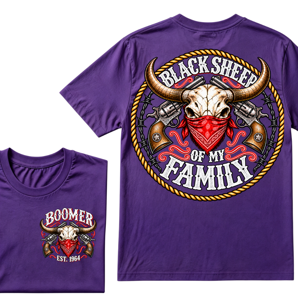 Black Sheep Of My Family EST.Year Vintage Longhorn Skull With Revolvers Western T-Shirt