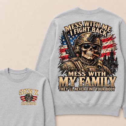 EST.Year Mess With Me I Fight Back Mess With My Family Tactical Skull American Flag Sweatshirt