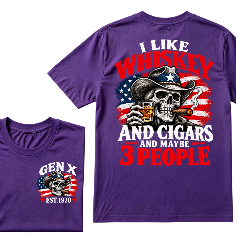 Gen X EST.Year I Like Whiskey And Cigars And Maybe 3 People Cowboy Skull American Flag Graphic T-Shirt