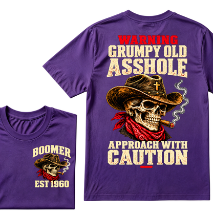 WARNING GRUMPY OLD ASSHOLE APPROACH WITH CAUTION EST.Year Vintage Western Cowboy Skull Tee