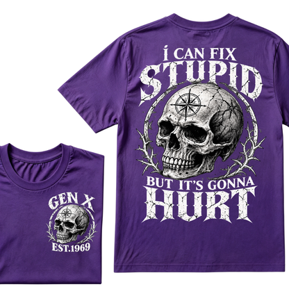 Gen X EST.Year Skull Compass I Can Fix Stupid But It's Gonna Hurt Vintage Graphic T-Shirt