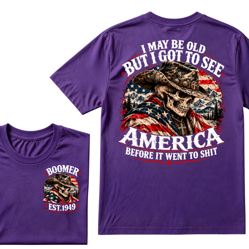 Boomer EST.Year Cowboy Skull American Flag I May Be Old But I Got To See America Vintage Graphic T-Shirt