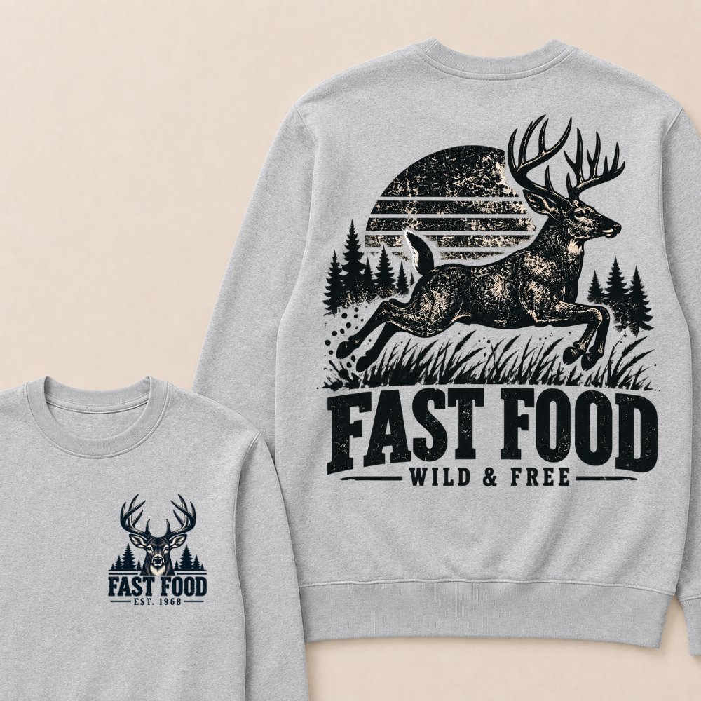 EST.Year Fast Food Wild & Free Vintage Deer Hunting Sunset Forest Graphic Sweatshirt