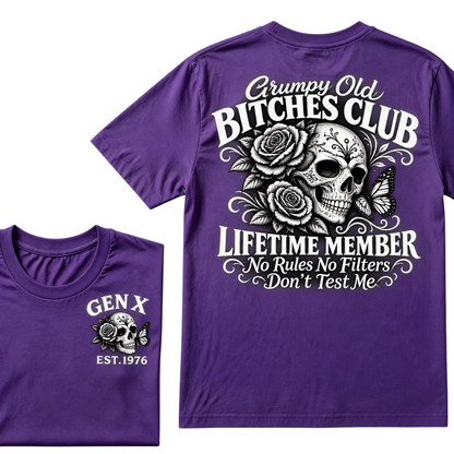Grumpy Old Bitches Club Lifetime Member No Rules No Filters Don't Test Me EST.Year Sugar Skull Rose Butterfly Dual Sided T-shirt