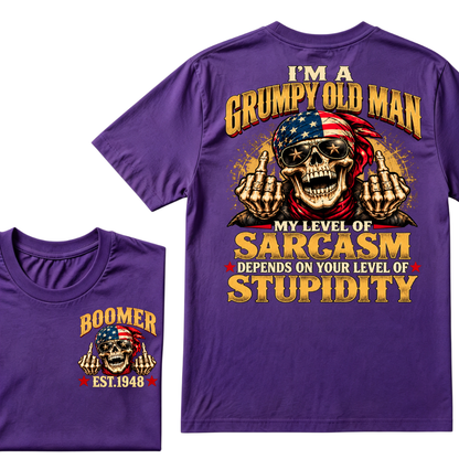 EST.Year I'm A Grumpy Old Man My Level Of Sarcasm Depends On Your Level Of Stupidity American Flag Skull Graphic T-Shirt
