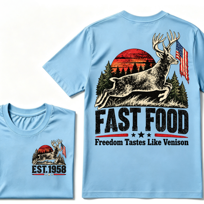 Fast Food Deer Hunting T-Shirt, Freedom Tastes Like Venison Vintage Sunset USA Flag EST.Year Hunter Graphic Tee