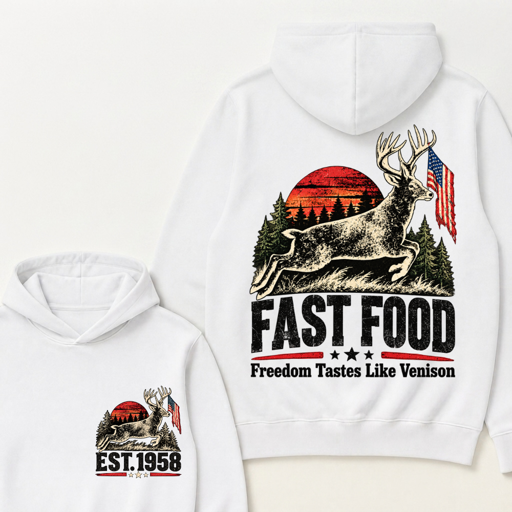 Fast Food Deer Hunting Hoodie, Freedom Tastes Like Venison Vintage Sunset USA Flag EST.Year Hunter Graphic Hooded Sweatshirt
