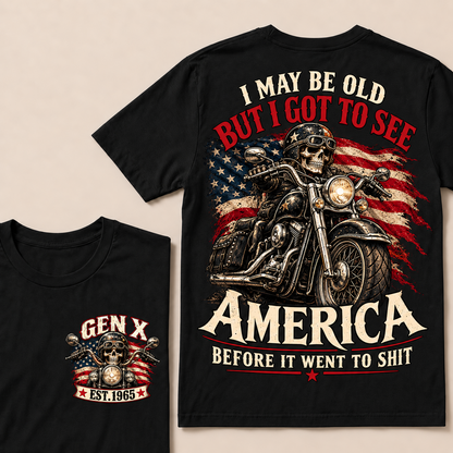 Funny Gen X Biker T-Shirt, Vintage Motorcycle Skull American Flag Tee, Retro 1965 Gen X Gift, Patriotic Biker Shirt