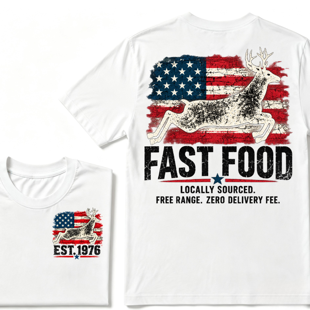 Fast Food Deer Hunting T-Shirt, Locally Sourced Free Range Zero Delivery Fee Vintage American Flag EST.Year Hunter Graphic Tee