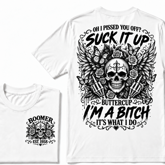Custom Year Boomer Suck It Up Buttercup Skull Graphic T-Shirt