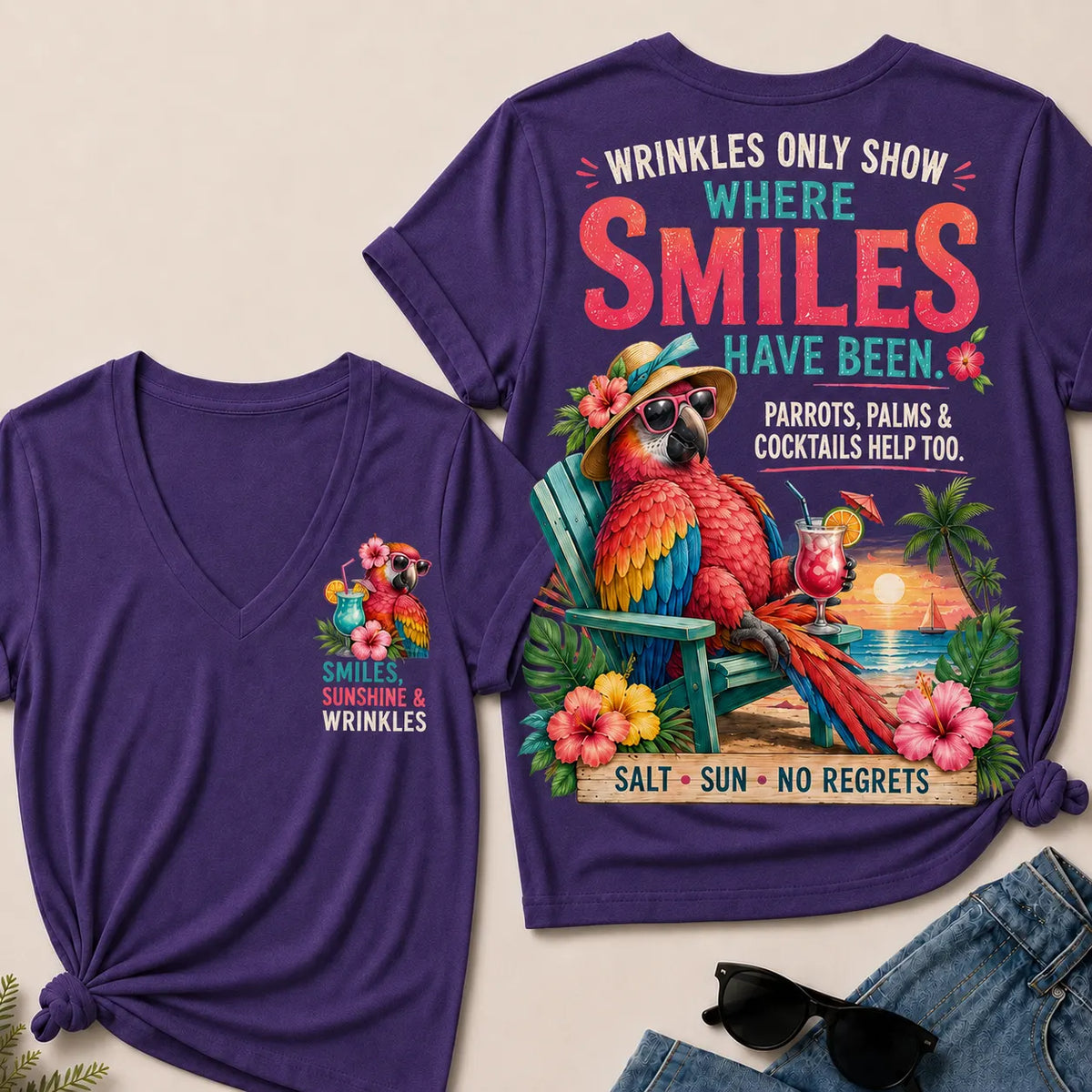 Wrinkles Only Show Where Smiles Have Been Funny Retirement V-Neck Tee For Women – Tropical Parrot Beach Vacation Graphic V-Ne