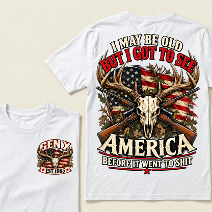 Funny Gen X Hunter T-Shirt, Vintage Deer Skull American Flag Tee, Retro 1965 Hunting Gift, Patriotic Hunter Shirt