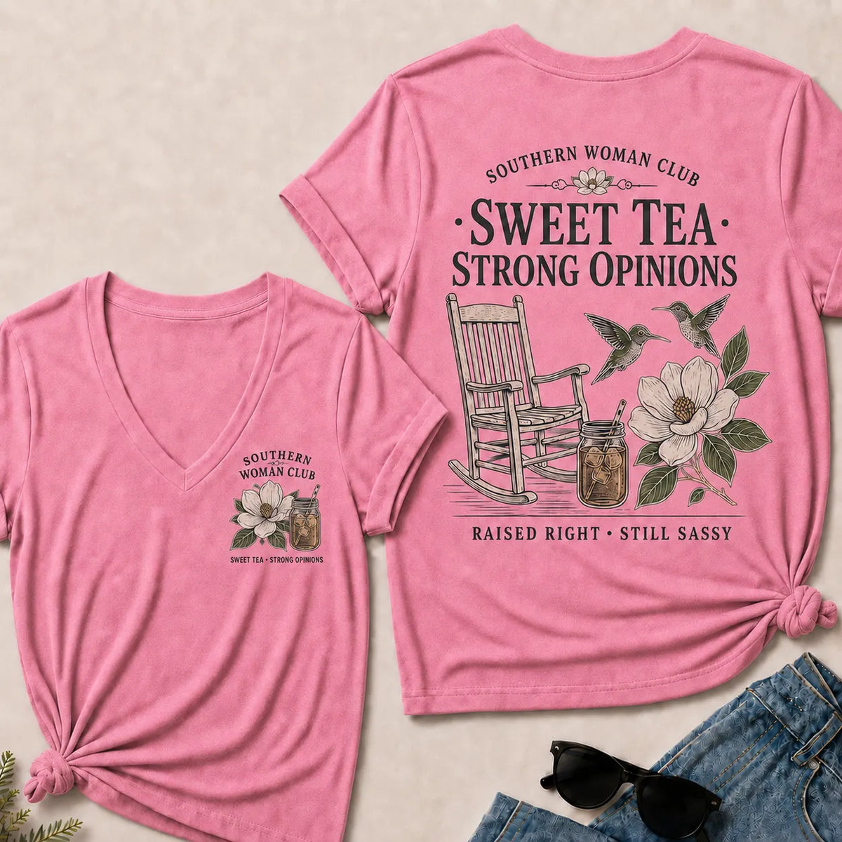 Southern Woman Club Sweet Tea Strong Opinions V-Neck T-shirts– Vintage Magnolia Graphic  V-Neck T-shirts For Southern Women