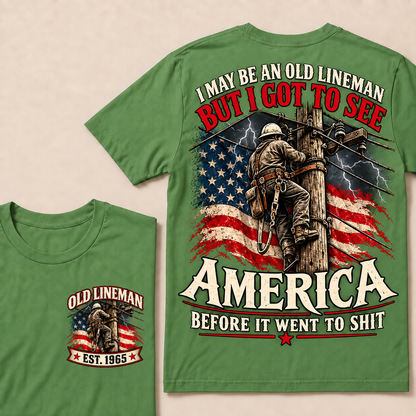 Funny Old Lineman American Flag T-Shirt, Vintage Electrician Lineman Gift, Patriotic USA Powerline Worker Tee, Retro 1965 Lineman Shirt