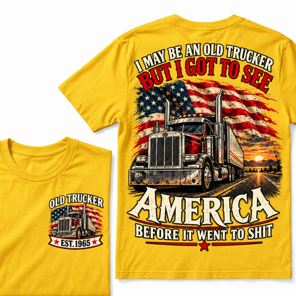 Funny Old Trucker American Flag T-Shirt, Vintage Semi Truck Driver Gift, Patriotic USA Big Rig Tee, Retro 1965 Trucker Shirt