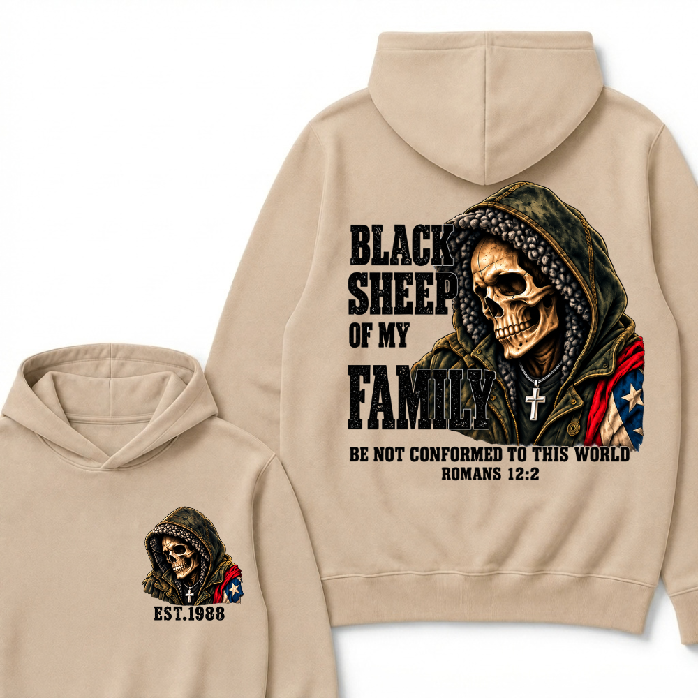 Black Sheep Of My Family Romans 12:2 Bible Verse Skull Hooded EAT.Year Hoodie, Christian Patriotic Hoodie
