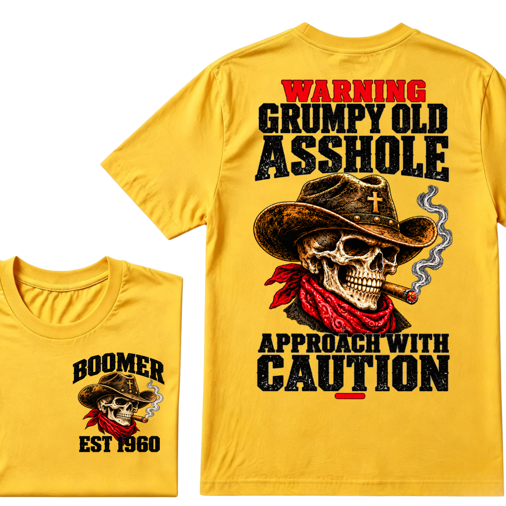 WARNING GRUMPY OLD ASSHOLE APPROACH WITH CAUTION EST.Year Vintage Western Cowboy Skull Tee