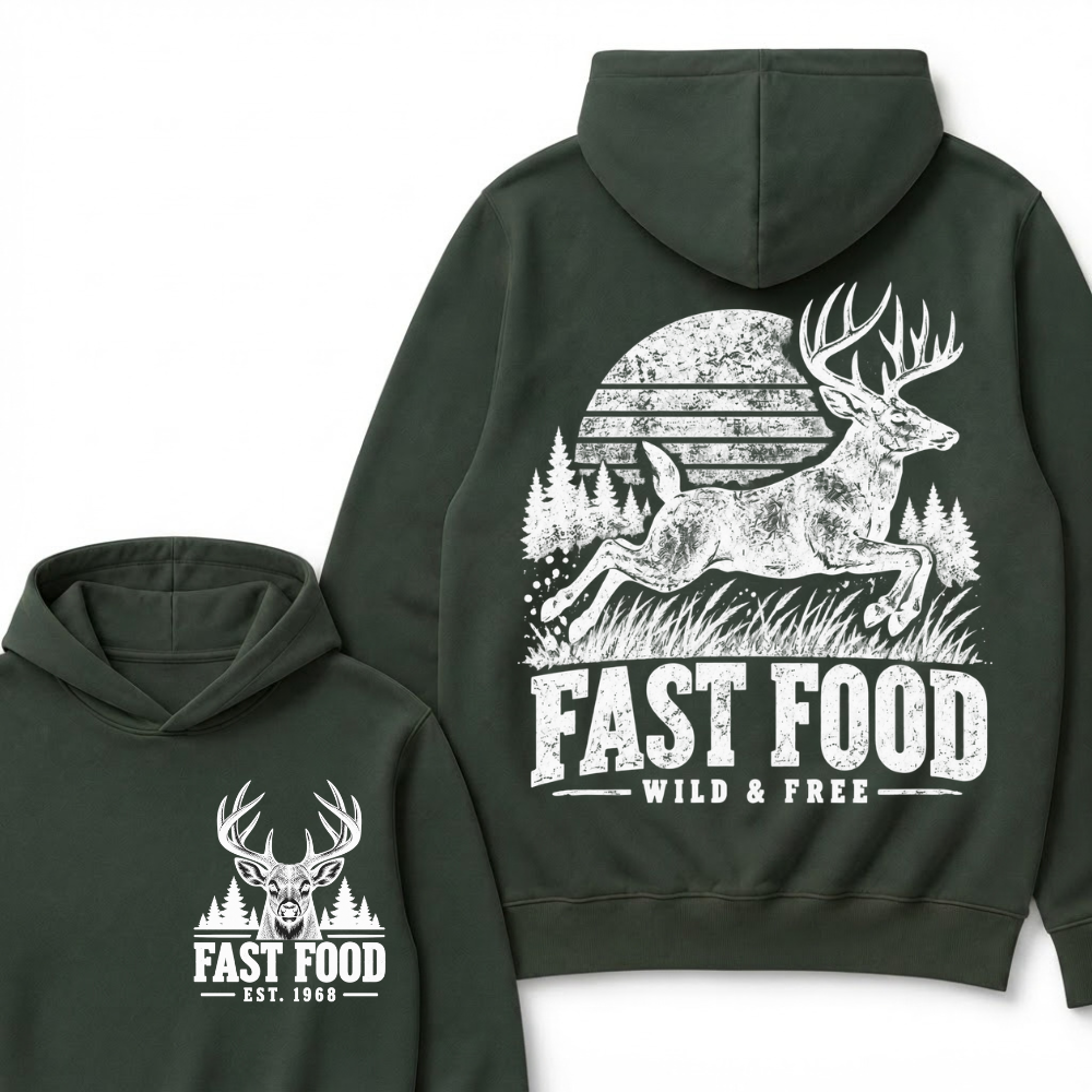 Fast Food Wild & Free Deer Hunting Hoodie EST.Year Vintage Buck Hunter Forest Graphic Hoodie