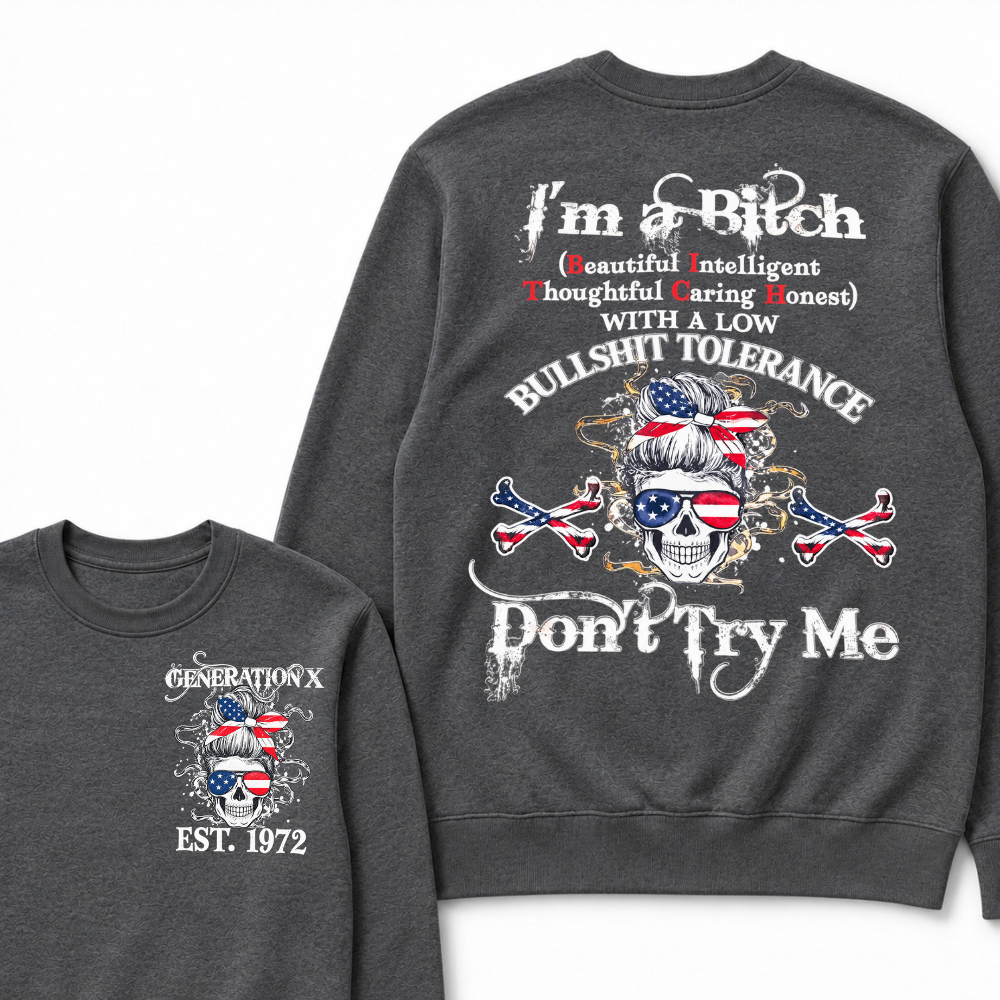 Gen X EST.Year Messy Bun American Flag Skull Low Tolerance Sarcastic Graphic Crewneck Sweatshirt