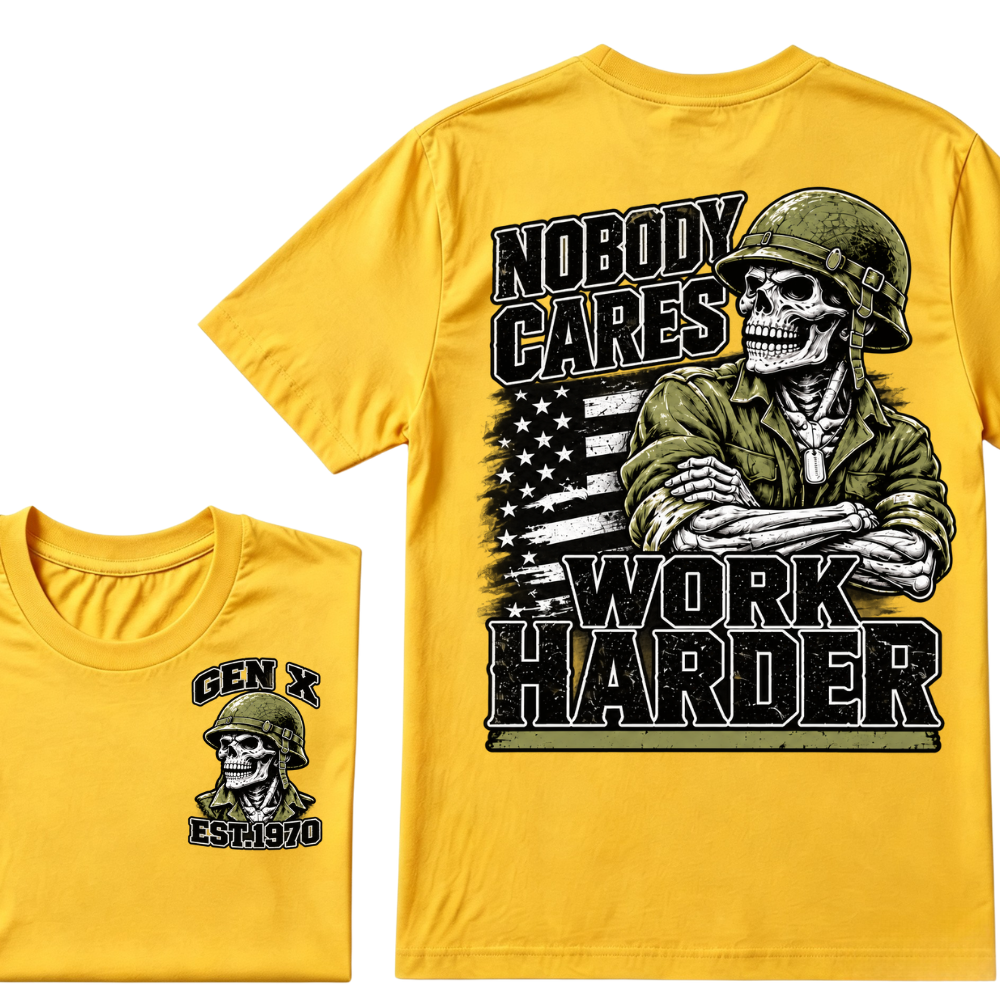 Nobody Cares Work Harder EST.Year Military Soldier Skull Veteran Attitude Graphic Tee