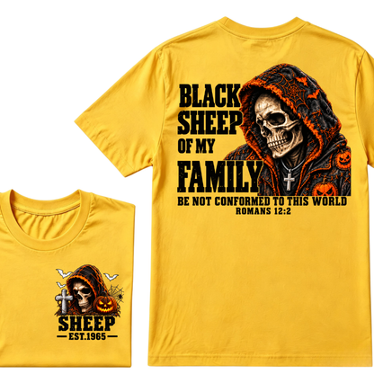 Black Sheep Of My Family Halloween Skull Hooded T-Shirt, Be Not Conformed To This World Romans 12:2 Christian EST.Year Pumpkin Bat Print Graphic Tee