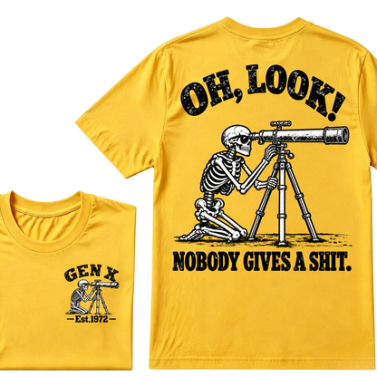 Oh Look Nobody Gives A Shit EST.Year Vintage Skeleton Telescope Tee