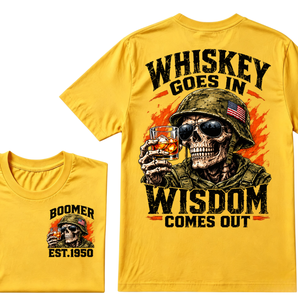 Boomer EST.Year Soldier Skull Whiskey Goes In Wisdom Comes Out American Flag Graphic T-Shirt