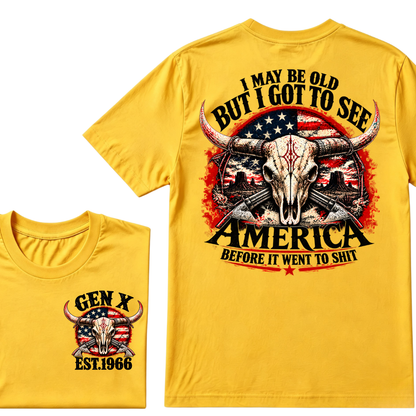 Gen X EST.Year I May Be Old But I Got To See America Longhorn Skull Western American Flag Graphic T-Shirt